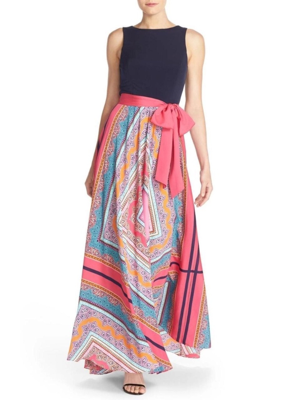 Eliza J Scarf Print Jersey & Crêpe de Chine Maxi Dress